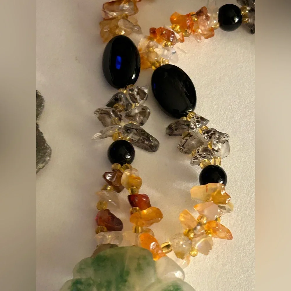 Necklace Artisan Jade flower tassel, Onyx, Rutilated Quartz, Carnelian beads